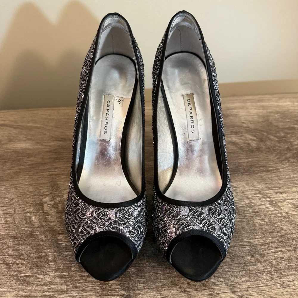 Caparros Peep Toe Formal Platform High Heels Shoes Silver Black Sparkle Size 6